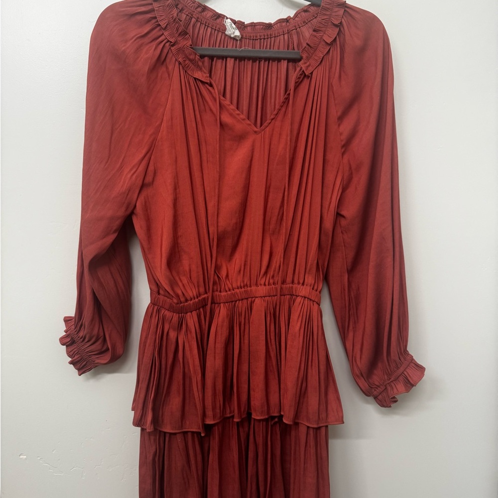 Chic Long Sleeve Rust Dress with Ruffle Accents